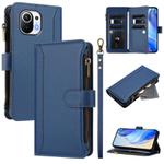 For Xiaomi Mi 11 Magnetic Closure 9 Card Slots Zipper Leather Case with Hand Strap(Dark Blue)