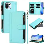For Xiaomi Mi 11 Lite 4G / 5G Magnetic Closure 9 Card Slots Zipper Leather Case with Hand Strap(Mint Green)