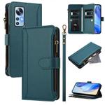 For Xiaomi 12 / 12X / 12S Magnetic Closure 9 Card Slots Zipper Leather Case with Hand Strap(Dark Green)