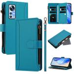 For Xiaomi 12 / 12X / 12S Magnetic Closure 9 Card Slots Zipper Leather Case with Hand Strap(Turquoise)