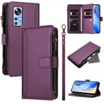 For Xiaomi 12 / 12X / 12S Magnetic Closure 9 Card Slots Zipper Leather Case with Hand Strap(Purple)