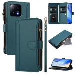 For Xiaomi 13 Magnetic Closure 9 Card Slots Zipper Leather Case with Hand Strap(Dark Green)