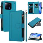 For Xiaomi 13 Magnetic Closure 9 Card Slots Zipper Leather Case with Hand Strap(Turquoise)