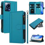 For Xiaomi 13 Lite / Civi 2 Magnetic Closure 9 Card Slots Zipper Leather Case with Hand Strap(Turquoise)