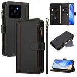 For Xiaomi 14 Magnetic Closure 9 Card Slots Zipper Leather Case with Hand Strap(Black)