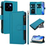For Xiaomi 14 Pro Magnetic Closure 9 Card Slots Zipper Leather Case with Hand Strap(Turquoise)