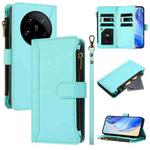 For Xiaomi 14 Ultra Magnetic Closure 9 Card Slots Zipper Leather Case with Hand Strap(Mint Green)