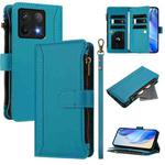 For Xiaomi 14T Magnetic Closure Nine Card Slots Zipper Leather Case with Hand Strap(Turquoise)