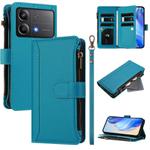 For Xiaomi Poco X6 Neo Magnetic Closure 9 Card Slots Zipper Leather Case with Hand Strap(Turquoise)