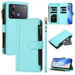 For Xiaomi Poco X6 Neo Magnetic Closure 9 Card Slots Zipper Leather Case with Hand Strap(Mint Green)
