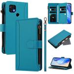 For Xiaomi Poco C40 / Redmi 10C Magnetic Closure 9 Card Slots Zipper Leather Case with Hand Strap(Turquoise)