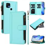 For Xiaomi Poco C40 / Redmi 10C Magnetic Closure 9 Card Slots Zipper Leather Case with Hand Strap(Mint Green)