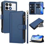 For Xiaomi Poco F6 Pro Magnetic Closure 9 Card Slots Zipper Leather Case with Hand Strap(Dark Blue)
