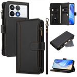 For Xiaomi Poco F6 Pro Magnetic Closure 9 Card Slots Zipper Leather Case with Hand Strap(Black)