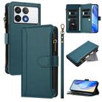 For Xiaomi Poco F6 Pro Magnetic Closure 9 Card Slots Zipper Leather Case with Hand Strap(Dark Green)