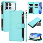 For Xiaomi Poco F6 Pro Magnetic Closure 9 Card Slots Zipper Leather Case with Hand Strap(Mint Green)