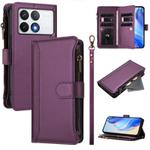 For Xiaomi Poco F6 Pro Magnetic Closure 9 Card Slots Zipper Leather Case with Hand Strap(Purple)
