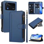 For Xiaomi Poco M4 Pro 4G Magnetic Closure 9 Card Slots Zipper Leather Case with Hand Strap(Dark Blue)
