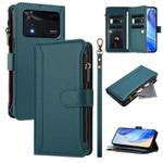 For Xiaomi Poco M4 Pro 4G Magnetic Closure 9 Card Slots Zipper Leather Case with Hand Strap(Dark Green)