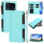 For Xiaomi Poco M4 Pro 4G Magnetic Closure 9 Card Slots Zipper Leather Case with Hand Strap(Mint Green)