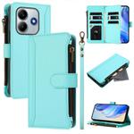 For Xiaomi Poco M7 Pro 5G Magnetic Closure 9 Card Slots Zipper Leather Case with Hand Strap(Mint Green)