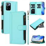 For Xiaomi Poco X3 GT Magnetic Closure 9 Card Slots Zipper Leather Case with Hand Strap(Mint Green)