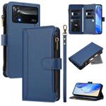 For Xiaomi Poco X4 Pro 5G Magnetic Closure 9 Card Slots Zipper Leather Case with Hand Strap(Dark Blue)
