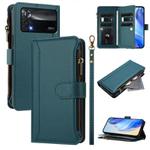 For Xiaomi Poco X4 Pro 5G Magnetic Closure 9 Card Slots Zipper Leather Case with Hand Strap(Dark Green)