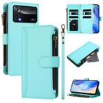 For Xiaomi Poco X4 Pro 5G Magnetic Closure 9 Card Slots Zipper Leather Case with Hand Strap(Mint Green)