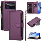 For Xiaomi Poco X4 Pro 5G Magnetic Closure 9 Card Slots Zipper Leather Case with Hand Strap(Purple)