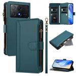 For Xiaomi Poco X6 Pro Magnetic Closure 9 Card Slots Zipper Leather Case with Hand Strap(Dark Green)