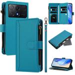 For Xiaomi Poco X6 Pro Magnetic Closure 9 Card Slots Zipper Leather Case with Hand Strap(Turquoise)