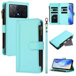 For Xiaomi Poco X6 Pro Magnetic Closure 9 Card Slots Zipper Leather Case with Hand Strap(Mint Green)