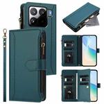 For Xiaomi 15S Pro Magnetic Closure 9 Card Slots Zipper Leather Case with Hand Strap(Dark Green)