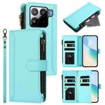 For Xiaomi 15S Pro Magnetic Closure 9 Card Slots Zipper Leather Case with Hand Strap(Mint Green)