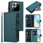 For Xiaomi 15T 5G Magnetic Closure 9 Card Slots Zipper Leather Case with Hand Strap(Dark Green)