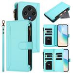For Umidigi G100 Magnetic Closure 9 Card Slots Zipper Leather Case with Hand Strap(Mint Green)