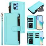 For Umidigi Power 7 Max Magnetic Closure 9 Card Slots Zipper Leather Case with Hand Strap(Mint Green)