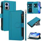 For Redmi 10 5G / Note 11E / 11 Prime 5G Magnetic Closure 9 Card Slots Zipper Leather Case with Hand Strap(Turquoise)