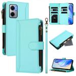 For Redmi 10 5G / Note 11E / 11 Prime 5G Magnetic Closure Nine Card Slots Zipper Leather Case with Hand Strap(Mint Green)