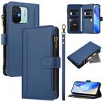 For Redmi 11A 4G / Xiaomi Poco C55 Magnetic Closure 9 Card Slots Zipper Leather Case with Hand Strap(Dark Blue)