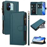 For Redmi 11A 4G / Xiaomi Poco C55 Magnetic Closure 9 Card Slots Zipper Leather Case with Hand Strap(Dark Green)
