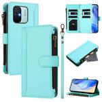 For Redmi 11A 4G / Xiaomi Poco C55 Magnetic Closure 9 Card Slots Zipper Leather Case with Hand Strap(Mint Green)