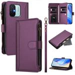 For Redmi 11A 4G / Xiaomi Poco C55 Magnetic Closure 9 Card Slots Zipper Leather Case with Hand Strap(Purple)