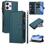 For Redmi 12 4G / 5G / Note 12R Magnetic Closure 9 Card Slots Zipper Leather Case with Hand Strap(Dark Green)
