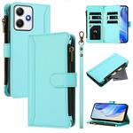 For Redmi 12 4G / 5G / Note 12R Magnetic Closure 9 Card Slots Zipper Leather Case with Hand Strap(Mint Green)