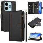 For Redmi 13x / Redmi 13 4G / 5G Magnetic Closure Nine Card Slots Zipper Leather Case with Hand Strap(Black)