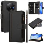 For Redmi A3 / A3x / Poco C61 Magnetic Closure 9 Card Slots Zipper Leather Case with Hand Strap(Black)