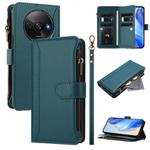 For Redmi A3 / A3x / Poco C61 Magnetic Closure 9 Card Slots Zipper Leather Case with Hand Strap(Dark Green)
