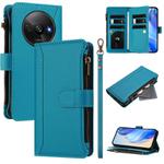 For Redmi A3 / A3x / Poco C61 Magnetic Closure Nine Card Slots Zipper Leather Case with Hand Strap(Turquoise)
